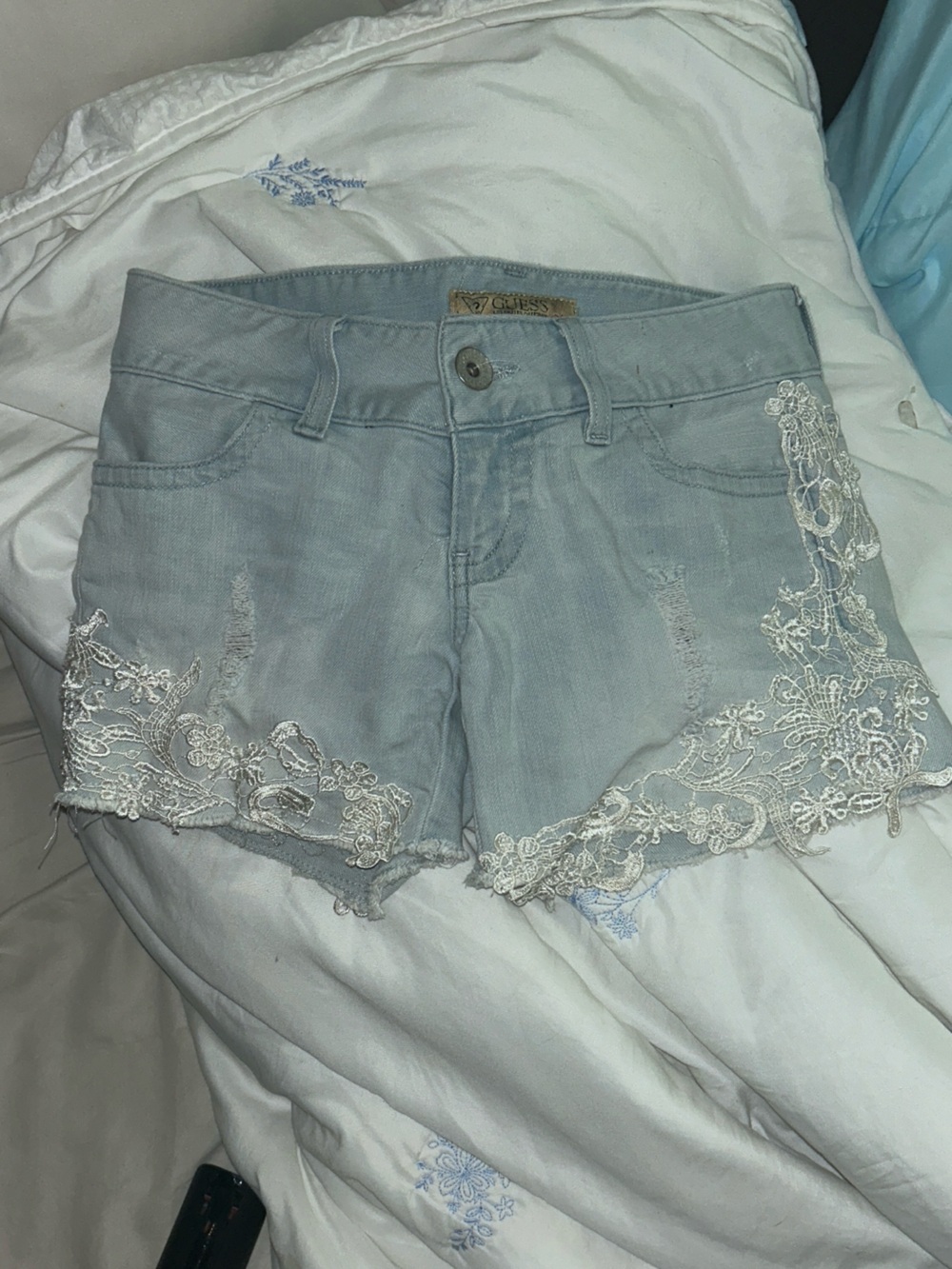 Guess Light Blue Denim Shorts with White Lace Trim